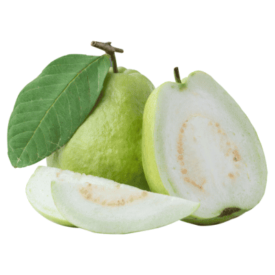 a guava fruit with a cut in half