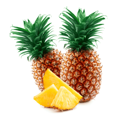 a couple of pineapples next to slices of pineapple