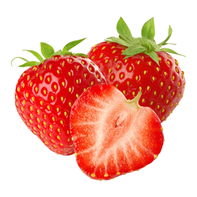 a group of strawberries with a cut half