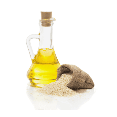 a glass bottle with a cork and a bag of rice